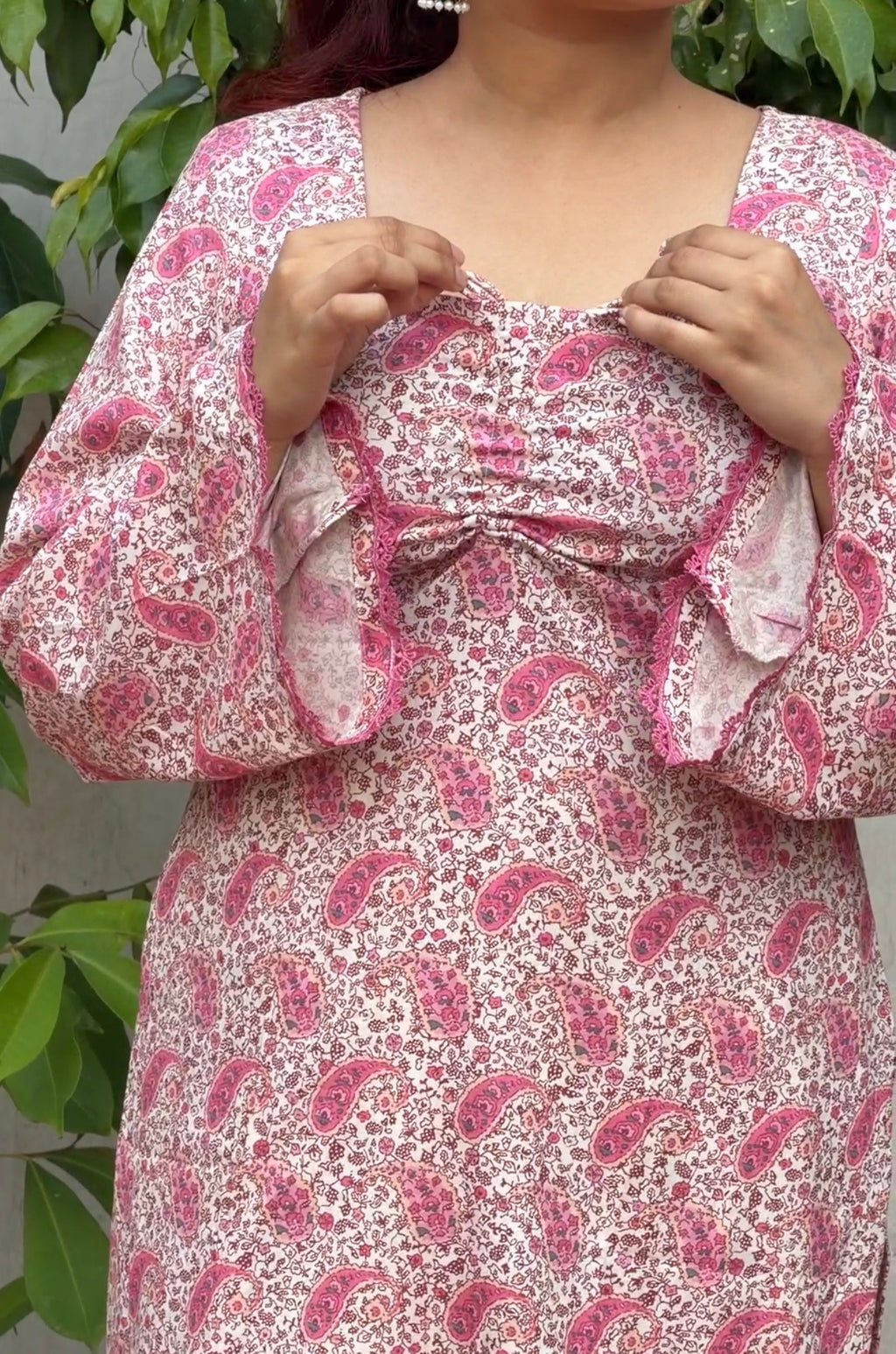 Cotton Block Print Kameez with Ruched Dori Neck, Back Waist Tie, Flared Sleeves & Cream Farshi Shalwar | ALBABS