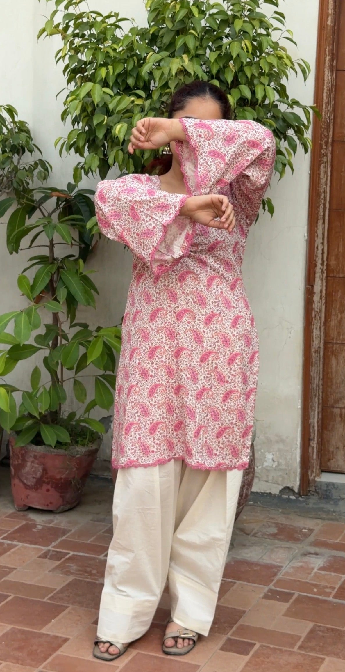 Cotton Block Print Kameez with Ruched Dori Neck, Back Waist Tie, Flared Sleeves & Cream Farshi Shalwar | ALBABS