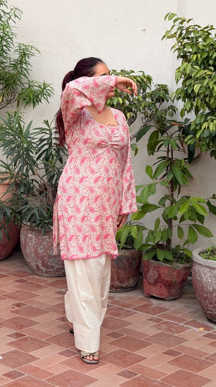 Cotton Block Print Kameez with Ruched Dori Neck, Back Waist Tie, Flared Sleeves & Cream Farshi Shalwar | ALBABS