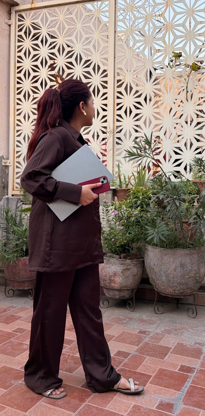 Coffee Hour 2-Piece Set — Coffee Brown Satin Long Shirt & Straight Pants | ALBABS