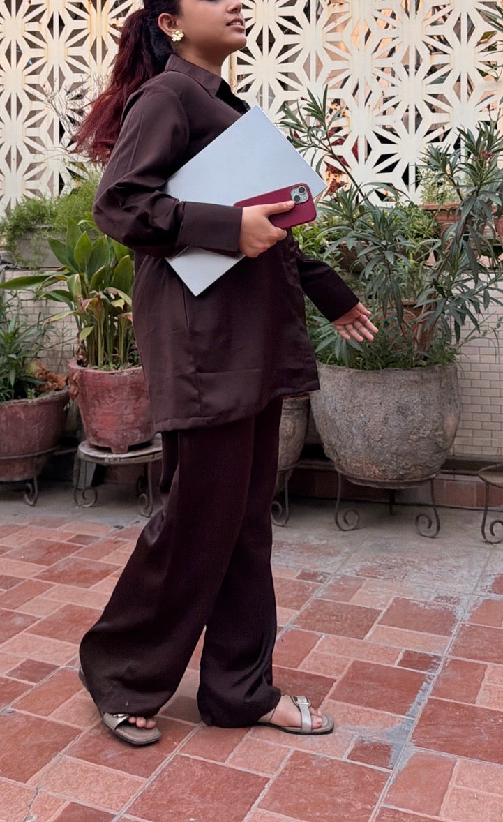 Coffee Hour 2-Piece Set — Coffee Brown Satin Long Shirt & Straight Pants | ALBABS