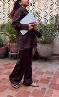 Coffee Hour 2-Piece Set — Coffee Brown Satin Long Shirt & Straight Pants | ALBABS
