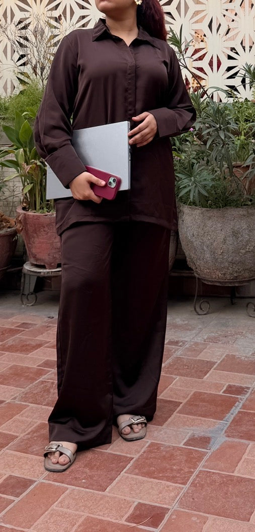 Coffee Hour 2-Piece Set — Coffee Brown Satin Long Shirt & Straight Pants | ALBABS