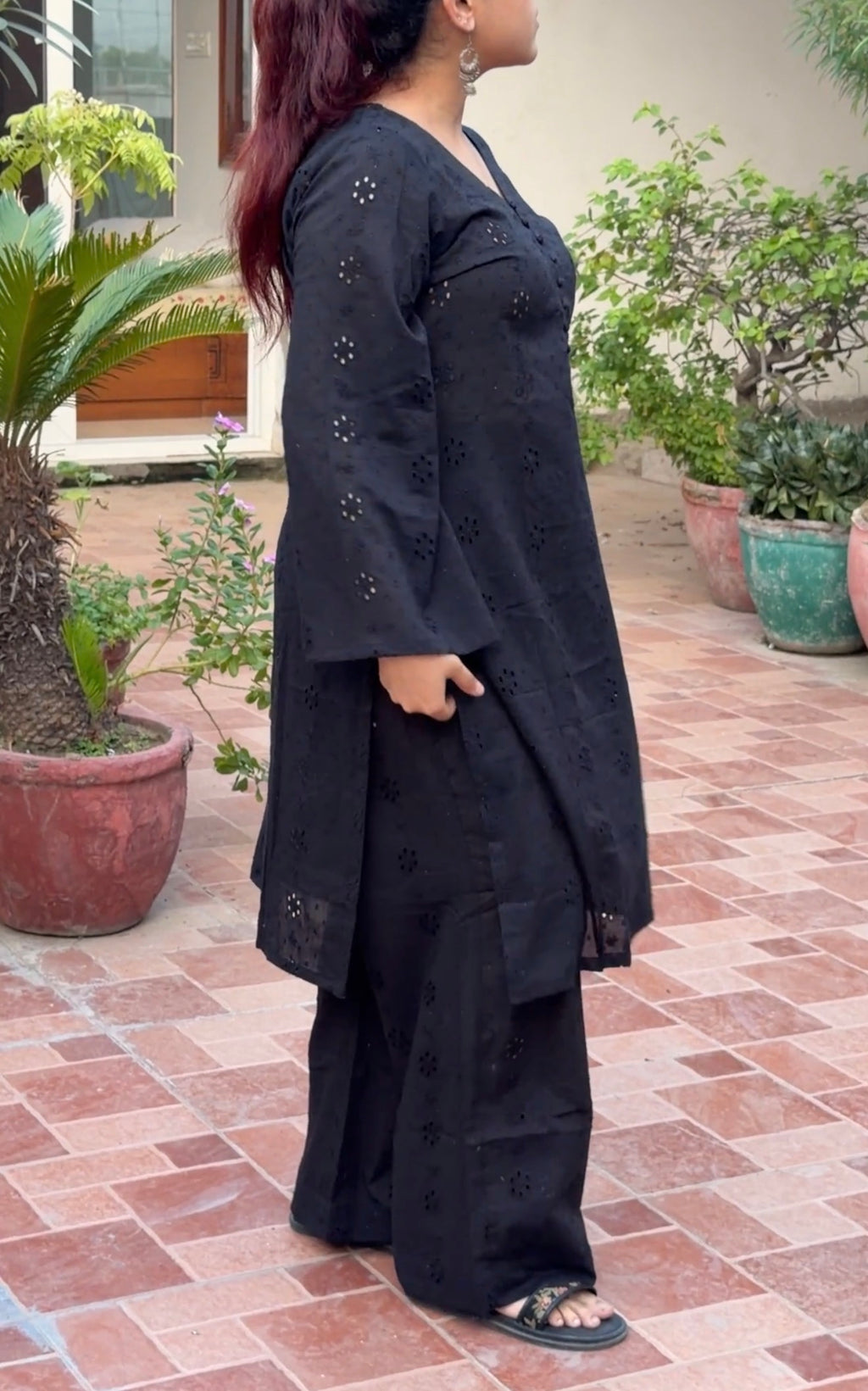 3-Piece Set — Black Chikankari Cotton Kameez with V-Neck Button Detail, Flared Sleeves, Matching Pants & Organza Dupatta | ALBABS