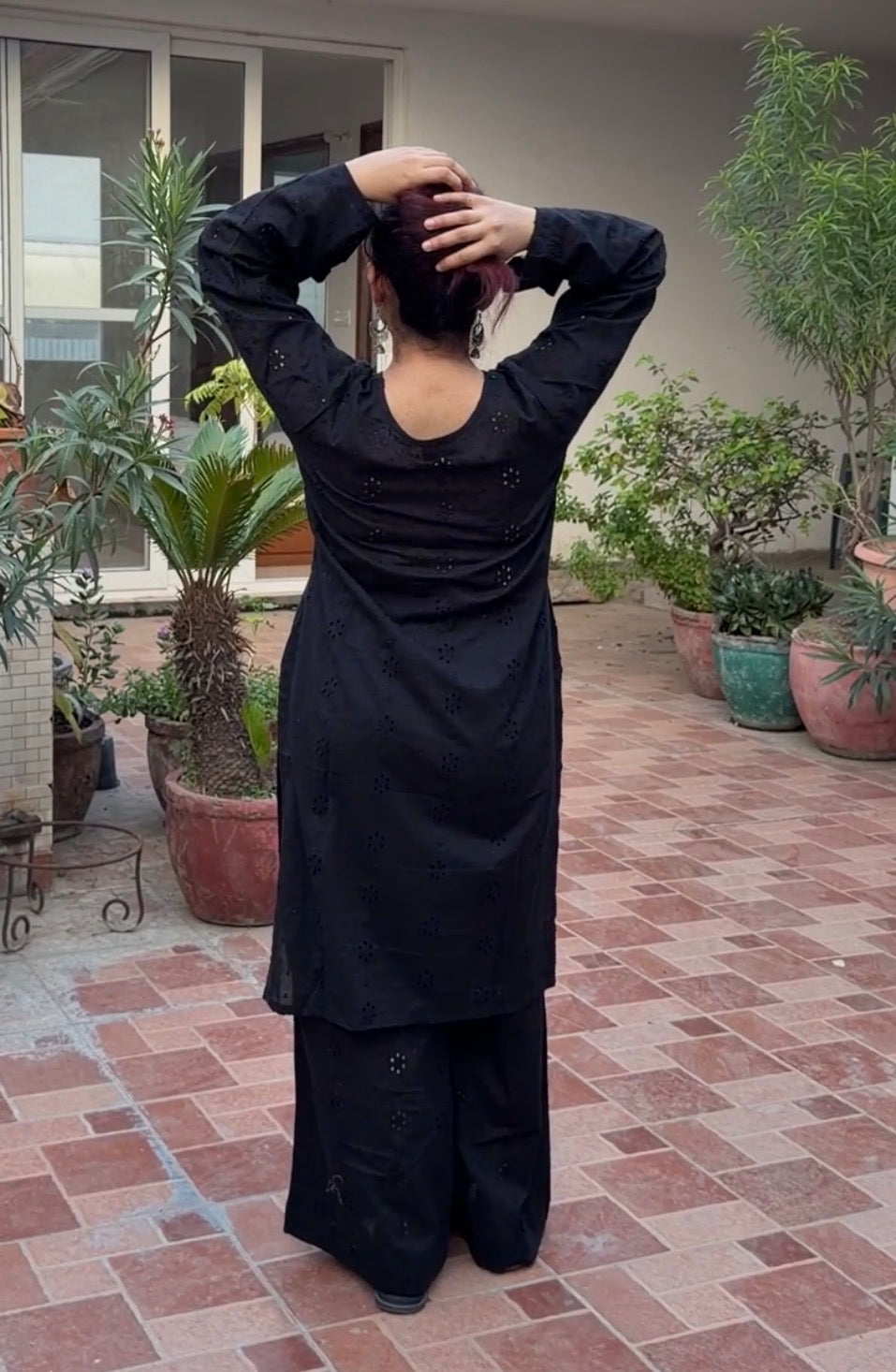 3-Piece Set — Black Chikankari Cotton Kameez with V-Neck Button Detail, Flared Sleeves, Matching Pants & Organza Dupatta | ALBABS