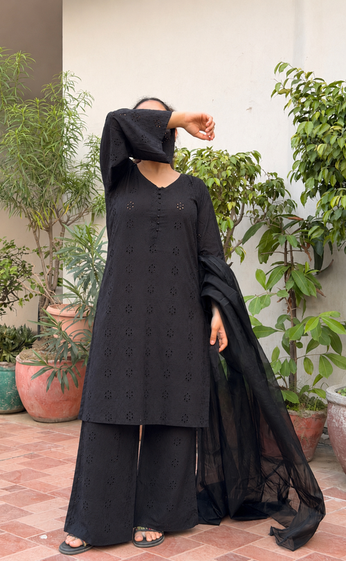 3-Piece Set — Black Chikankari Cotton Kameez with V-Neck Button Detail, Flared Sleeves, Matching Pants & Organza Dupatta | ALBABS