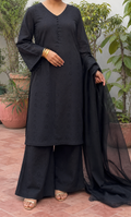 3-Piece Set — Black Chikankari Cotton Kameez with V-Neck Button Detail, Flared Sleeves, Matching Pants & Organza Dupatta | ALBABS
