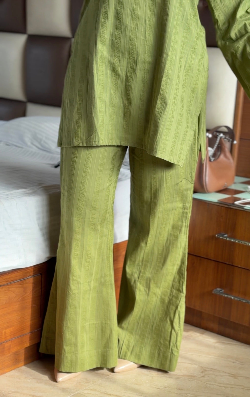 Olive Garden 2-Piece Set — Pure Cotton Short Kameez with Designer Dori Neckline & Bell Bottom Pants | ALBABS