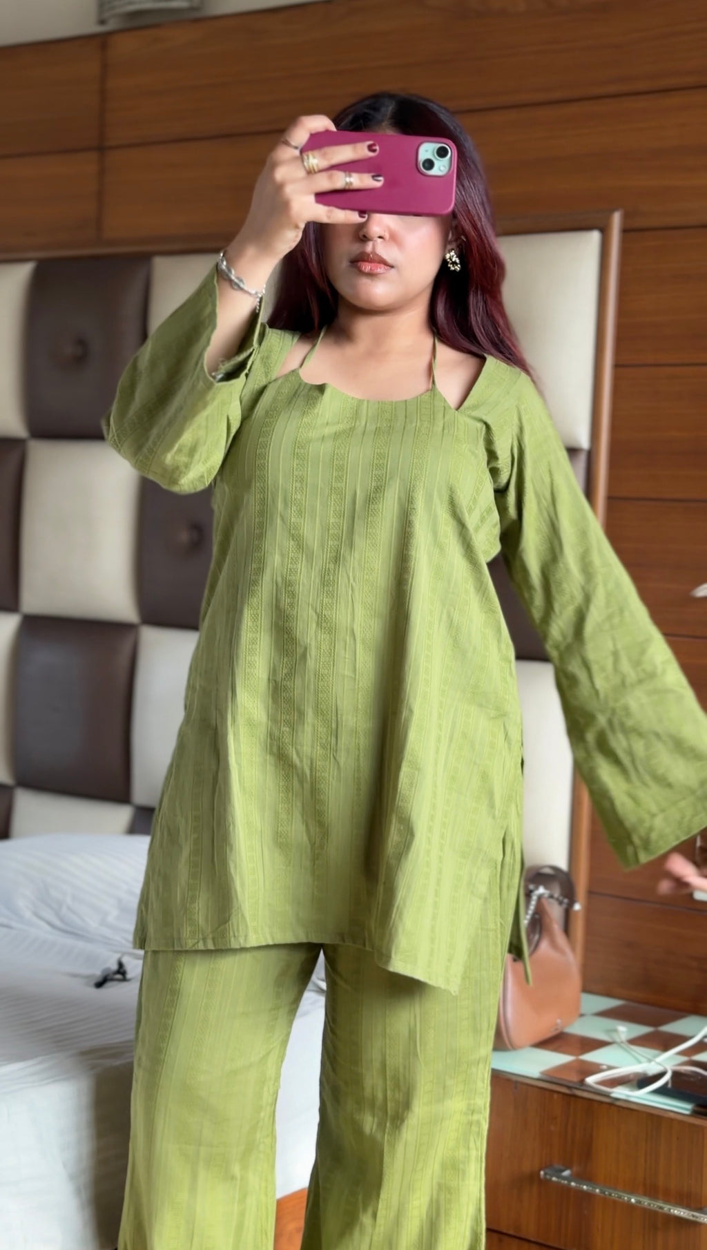 Olive Garden 2-Piece Set — Pure Cotton Short Kameez with Designer Dori Neckline & Bell Bottom Pants | ALBABS