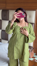 Olive Garden 2-Piece Set — Pure Cotton Short Kameez with Designer Dori Neckline & Bell Bottom Pants | ALBABS