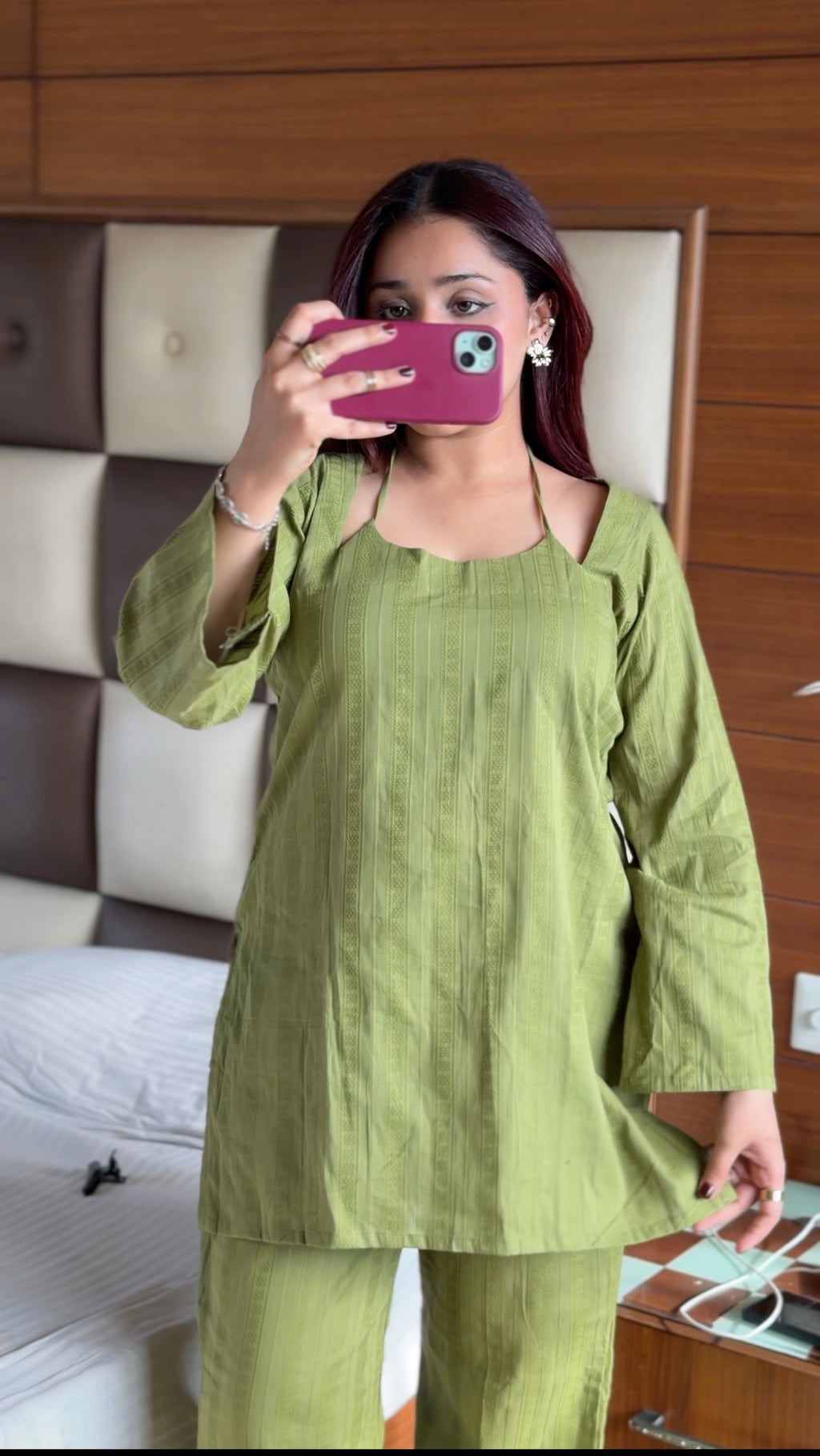 Olive Garden 2-Piece Set — Pure Cotton Short Kameez with Designer Dori Neckline & Bell Bottom Pants | ALBABS