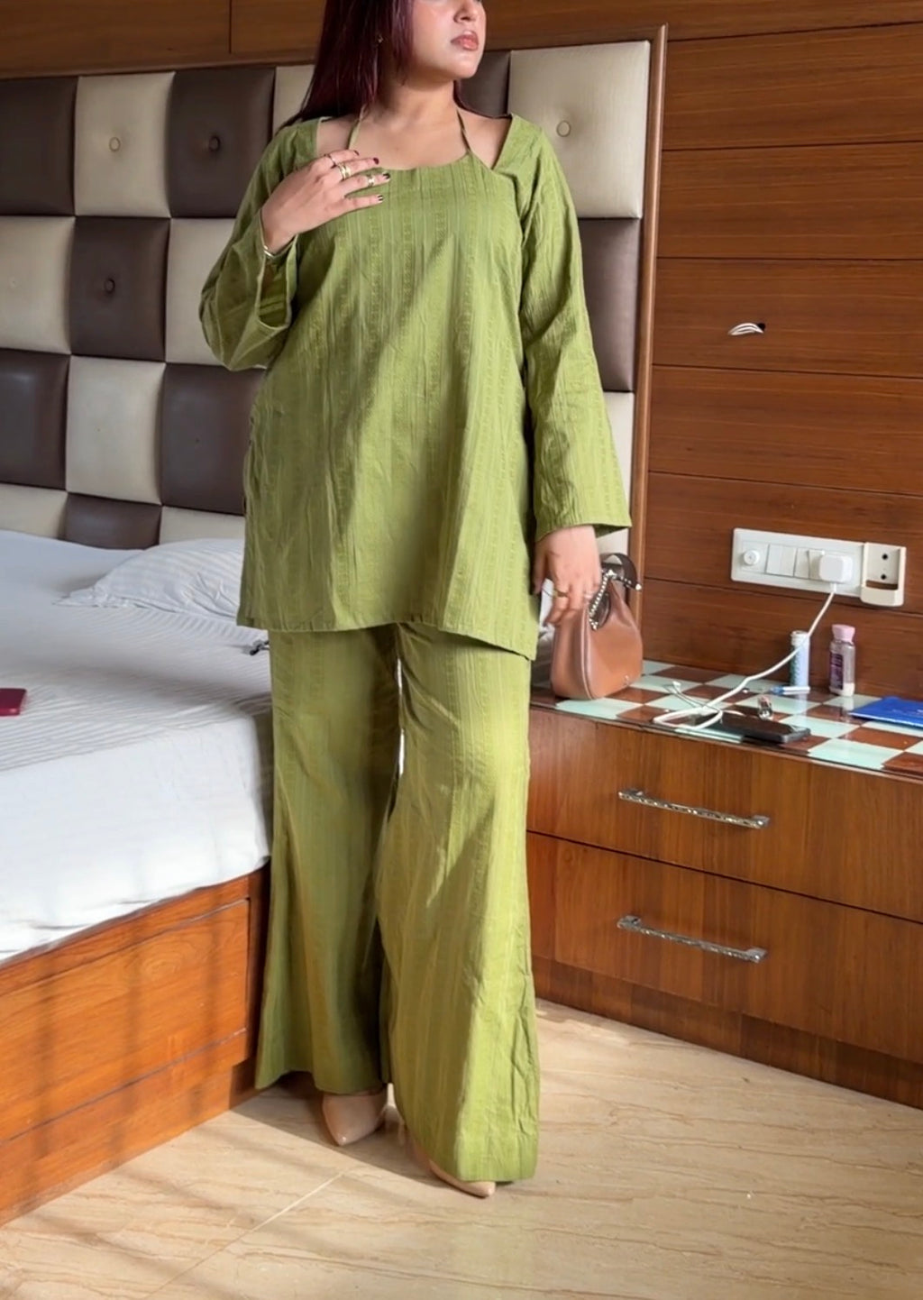 Olive Garden 2-Piece Set — Pure Cotton Short Kameez with Designer Dori Neckline & Bell Bottom Pants | ALBABS
