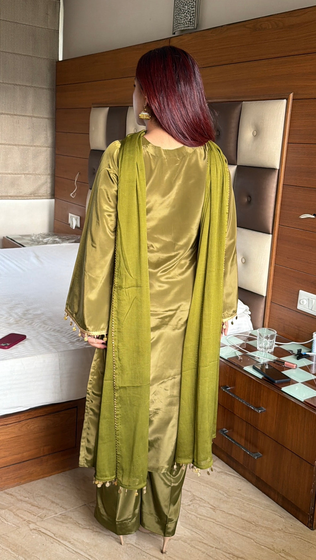 Olive Royale 3-Piece Set — Pure Crepe Kameez with Gold Coin Lace, Designer V-Neck, Bell Sleeves, Straight Pants & Chiffon Dupatta | ALBABS