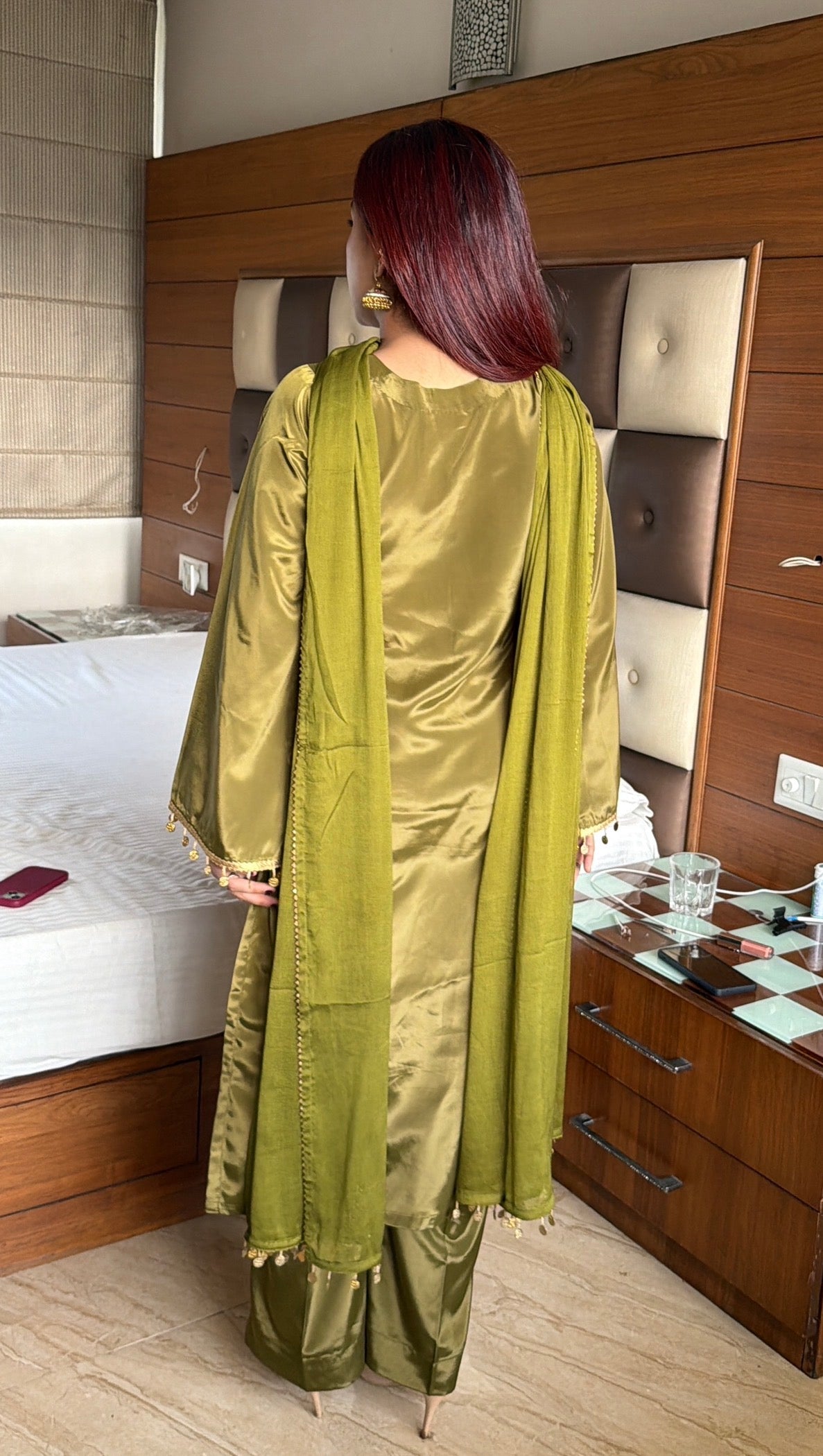 Olive Royale 3-Piece Set — Pure Crepe Kameez with Gold Coin Lace, Designer V-Neck, Bell Sleeves, Straight Pants & Chiffon Dupatta | ALBABS