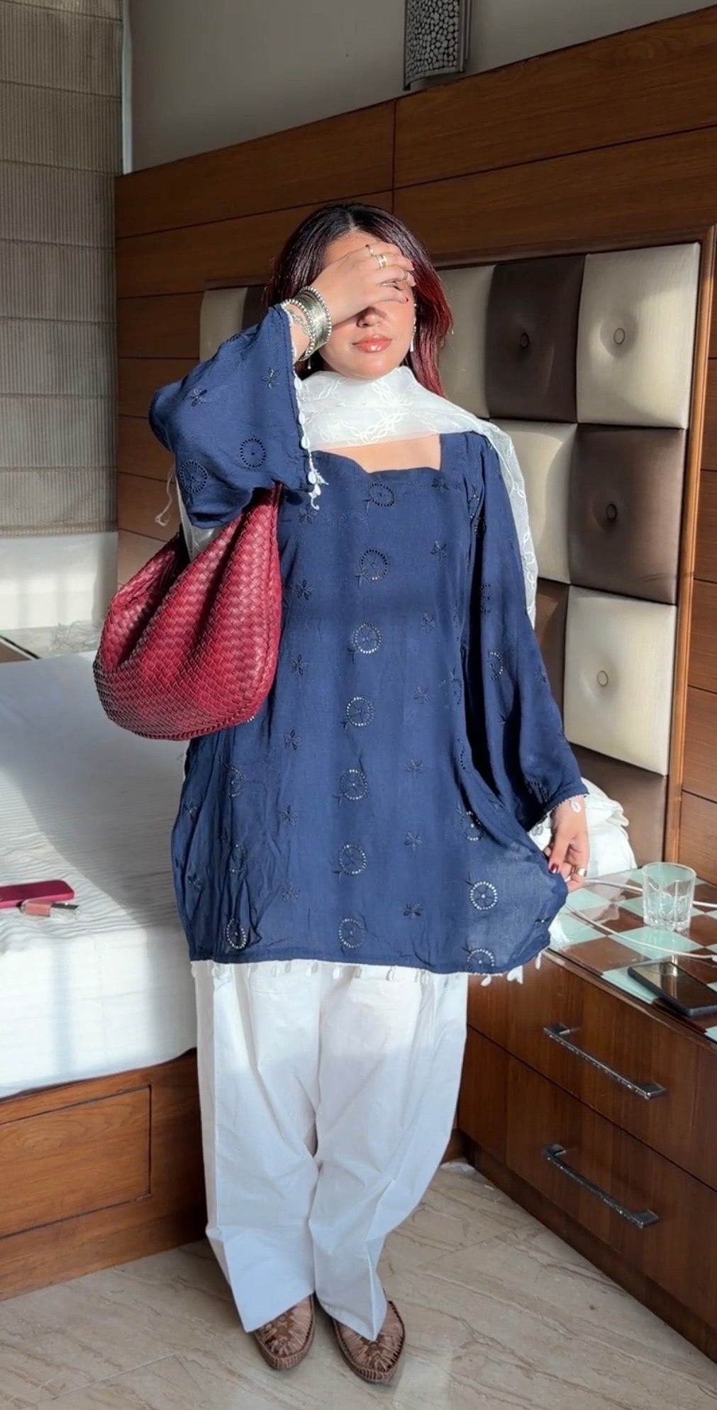 3-Piece Set — Navy Cotton Short Kurti with Shell Lace, Rectangle Neck, Bell Sleeves, White Farshi Shalwar & Organza Dupatta | ALBABS