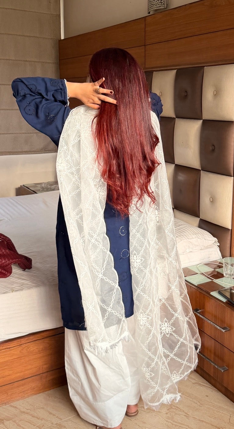 3-Piece Set — Navy Cotton Short Kurti with Shell Lace, Rectangle Neck, Bell Sleeves, White Farshi Shalwar & Organza Dupatta | ALBABS