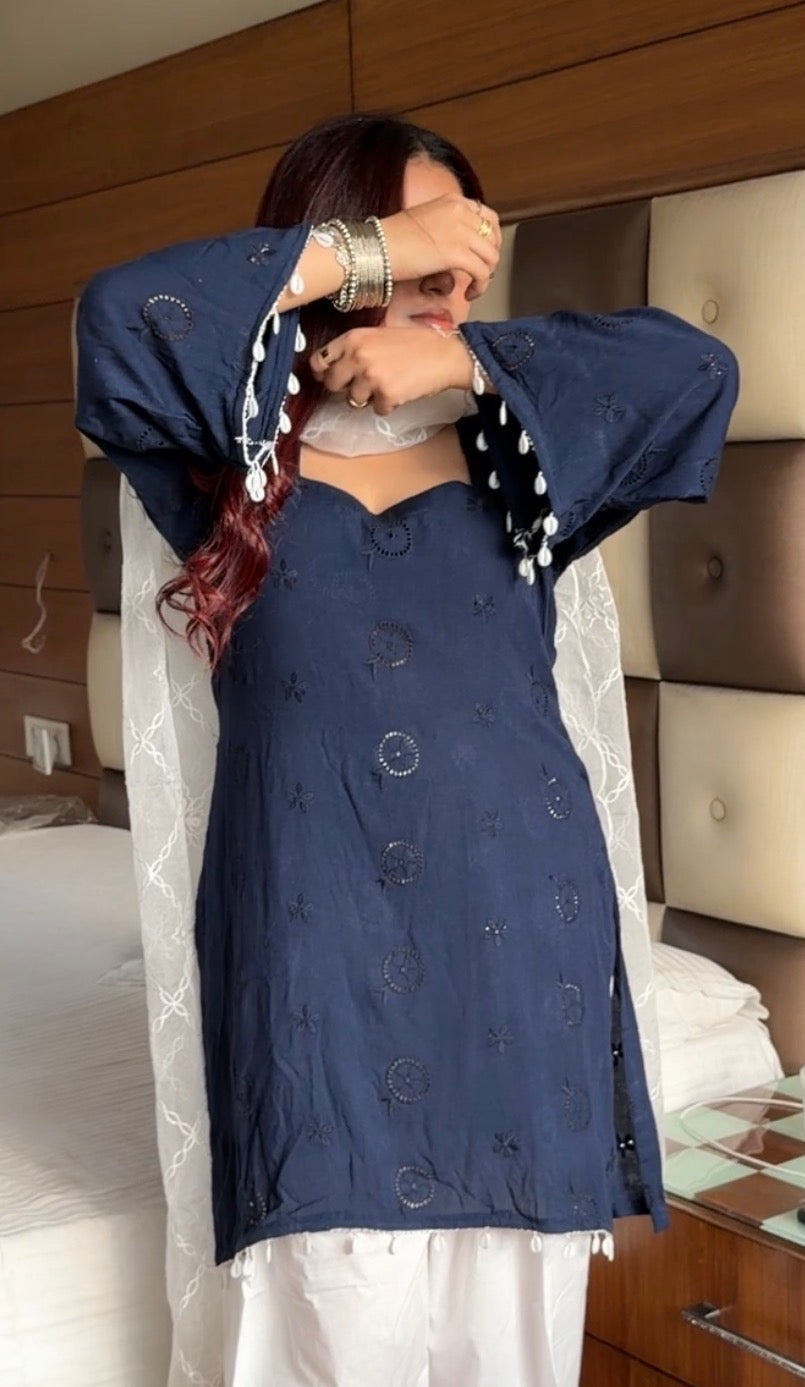 3-Piece Set — Navy Cotton Short Kurti with Shell Lace, Rectangle Neck, Bell Sleeves, White Farshi Shalwar & Organza Dupatta | ALBABS