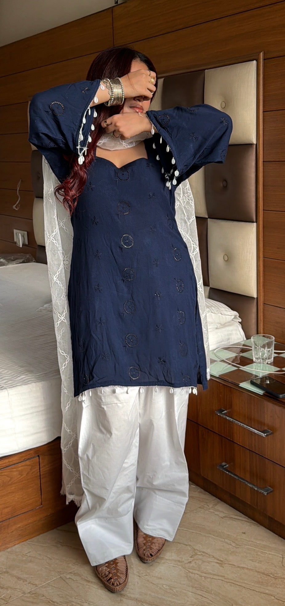3-Piece Set — Navy Cotton Short Kurti with Shell Lace, Rectangle Neck, Bell Sleeves, White Farshi Shalwar & Organza Dupatta | ALBABS