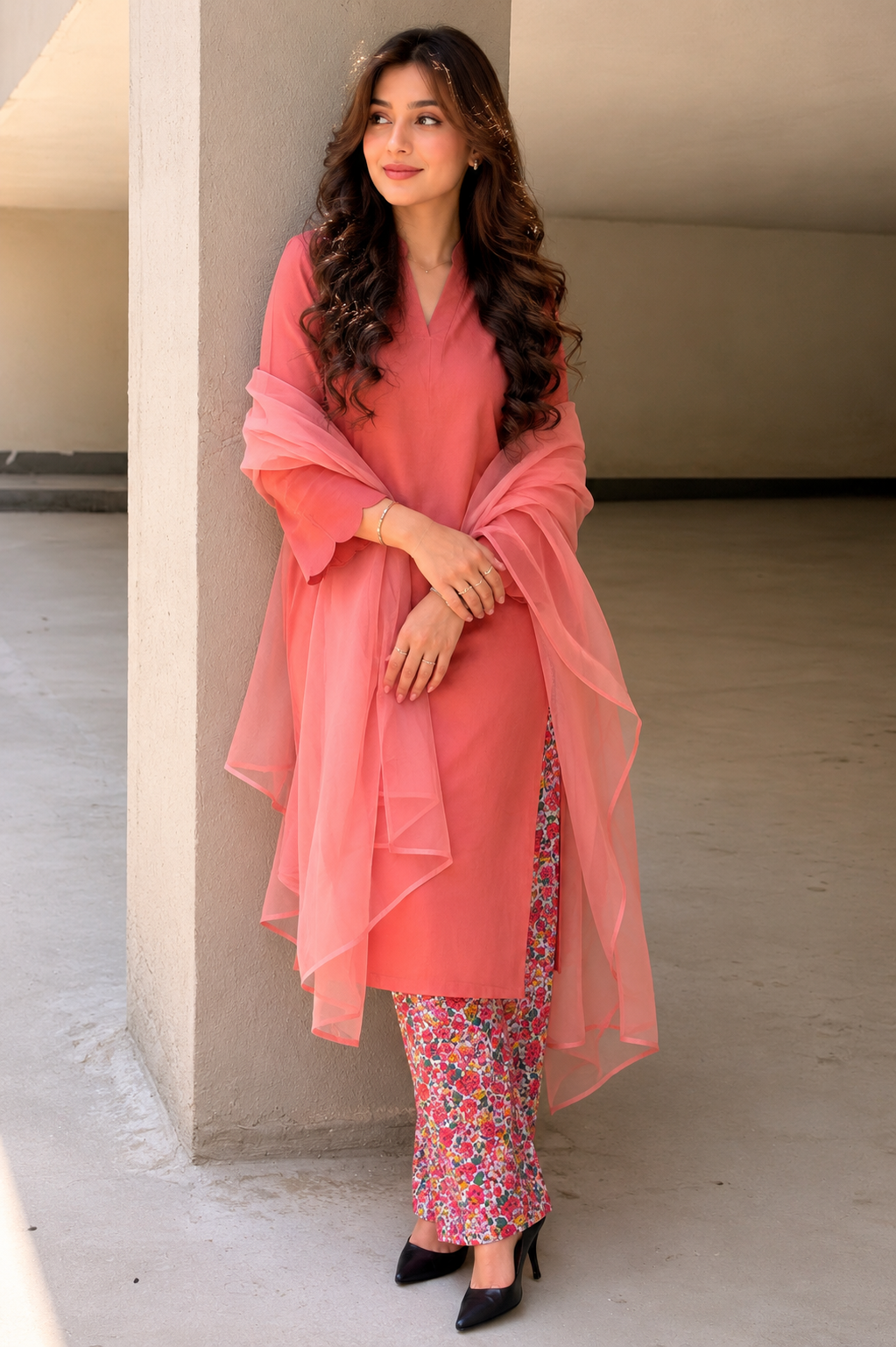 3-Piece Suit — Coral Rayon Cotton Kameez with Kangoora Sleeves, Floral Printed Cotton Straight Trouser & Organza Dupatta | ALBAB'S