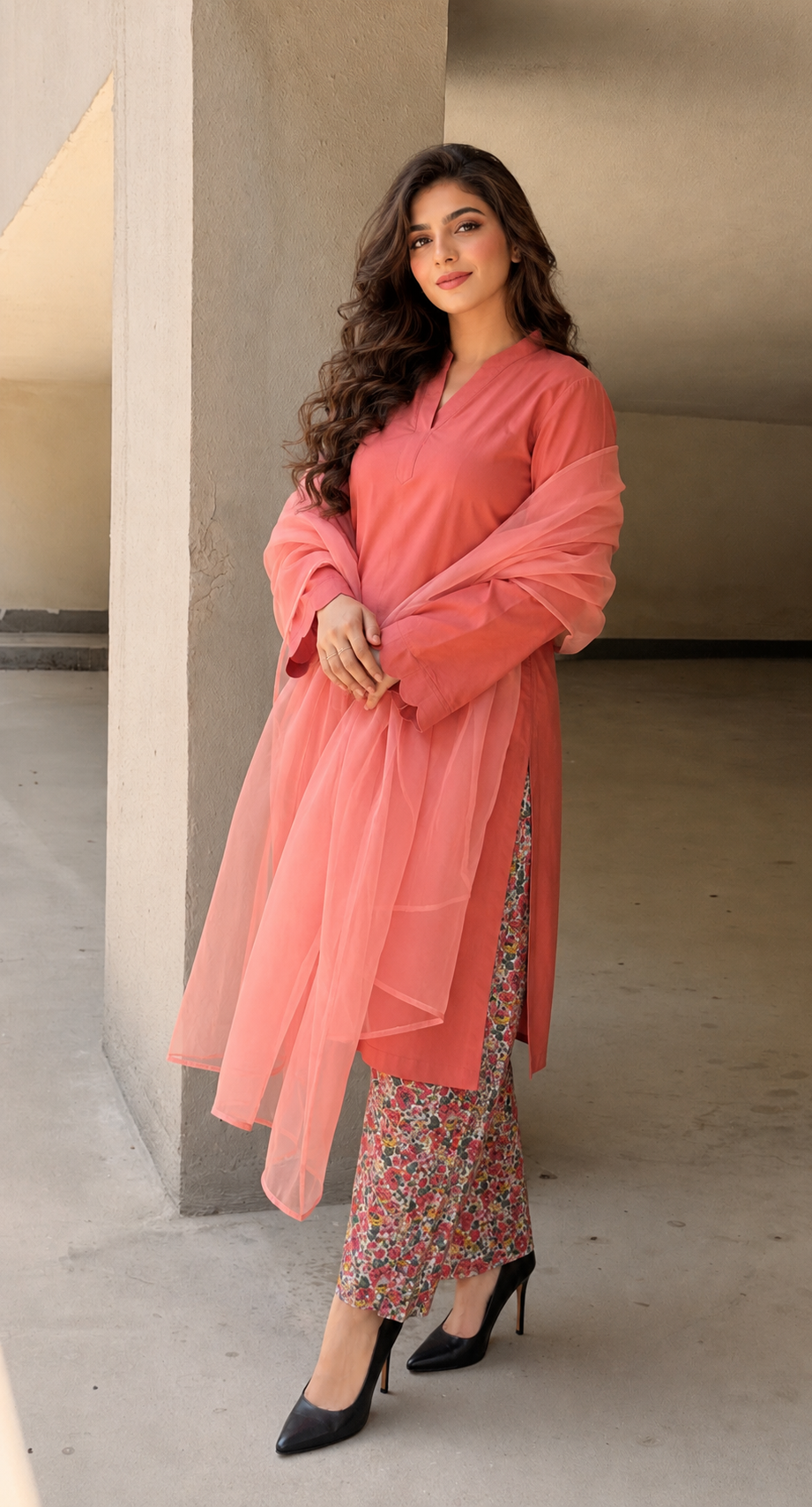 3-Piece Suit — Coral Rayon Cotton Kameez with Kangoora Sleeves, Floral Printed Cotton Straight Trouser & Organza Dupatta | ALBAB'S