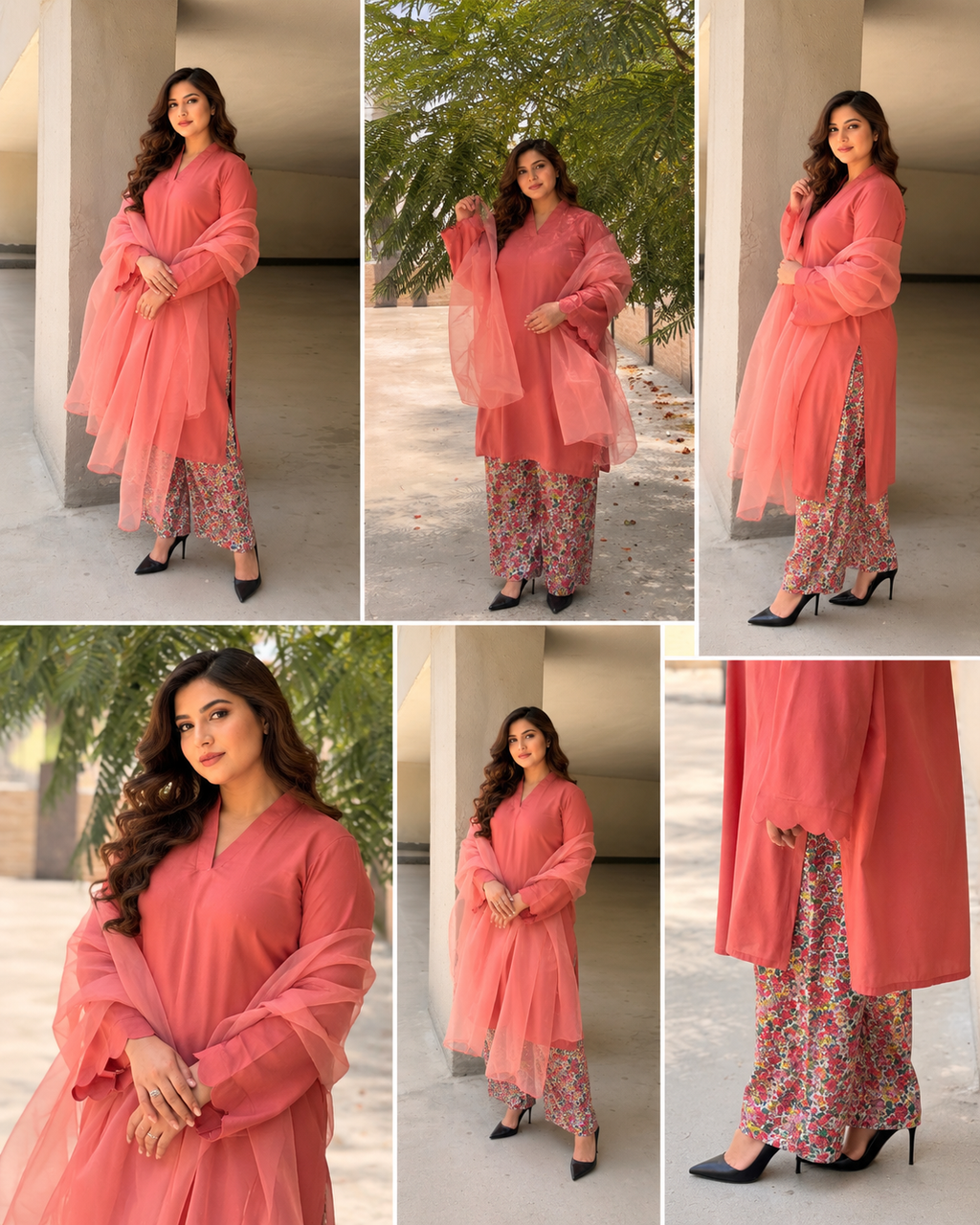 3-Piece Suit — Coral Rayon Cotton Kameez with Kangoora Sleeves, Floral Printed Cotton Straight Trouser & Organza Dupatta | ALBAB'S
