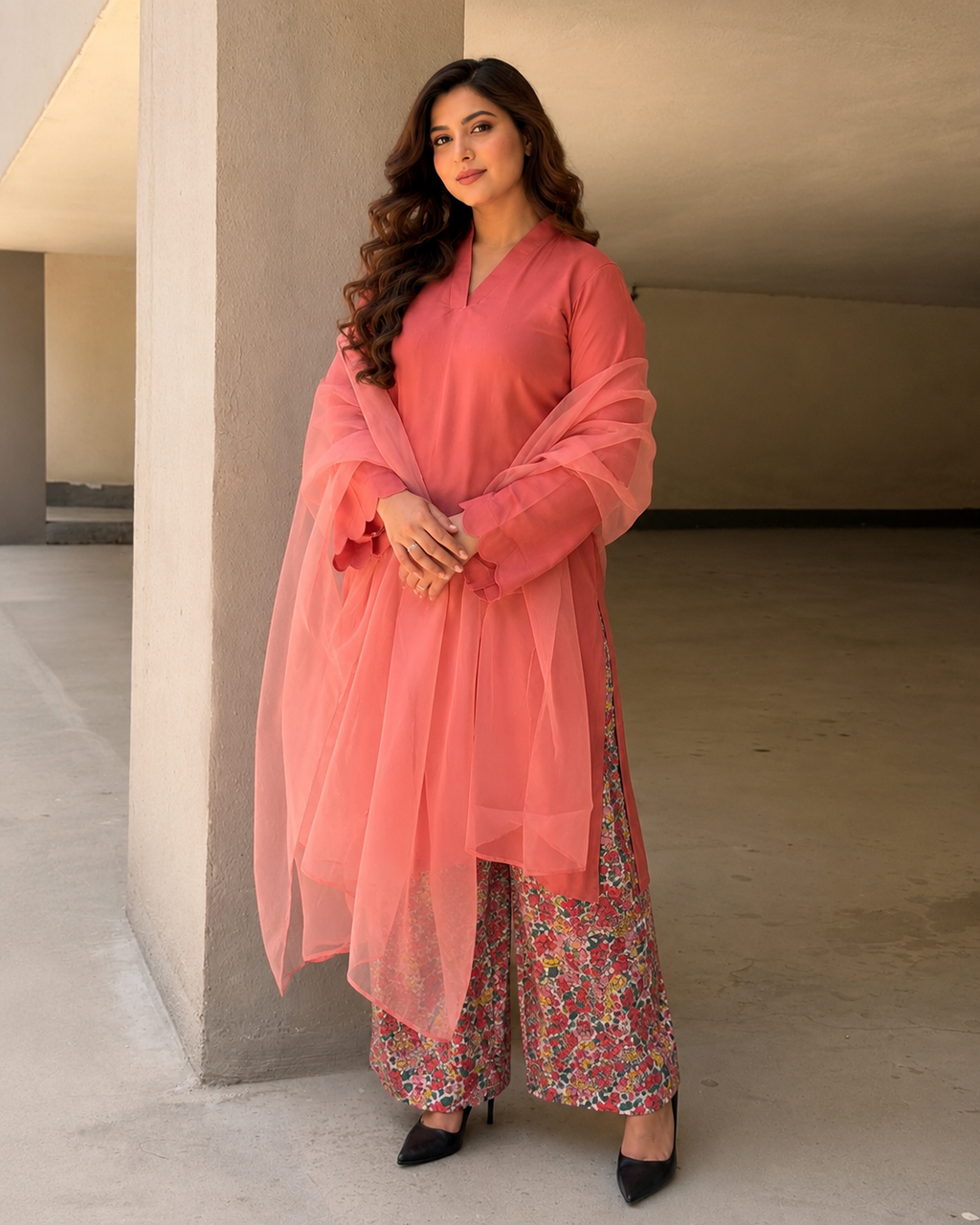 3-Piece Suit — Coral Rayon Cotton Kameez with Kangoora Sleeves, Floral Printed Cotton Straight Trouser & Organza Dupatta | ALBAB'S