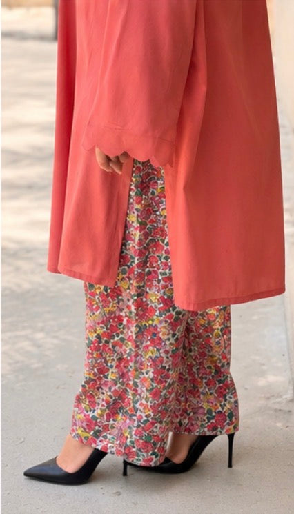3-Piece Suit — Coral Rayon Cotton Kameez with Kangoora Sleeves, Floral Printed Cotton Straight Trouser & Organza Dupatta | ALBAB'S