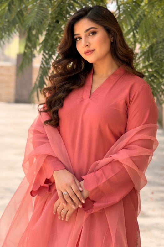 3-Piece Suit — Coral Rayon Cotton Kameez with Kangoora Sleeves, Floral Printed Cotton Straight Trouser & Organza Dupatta | ALBAB'S