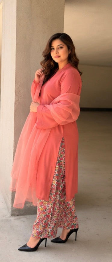 3-Piece Suit — Coral Rayon Cotton Kameez with Kangoora Sleeves, Floral Printed Cotton Straight Trouser & Organza Dupatta | ALBAB'S