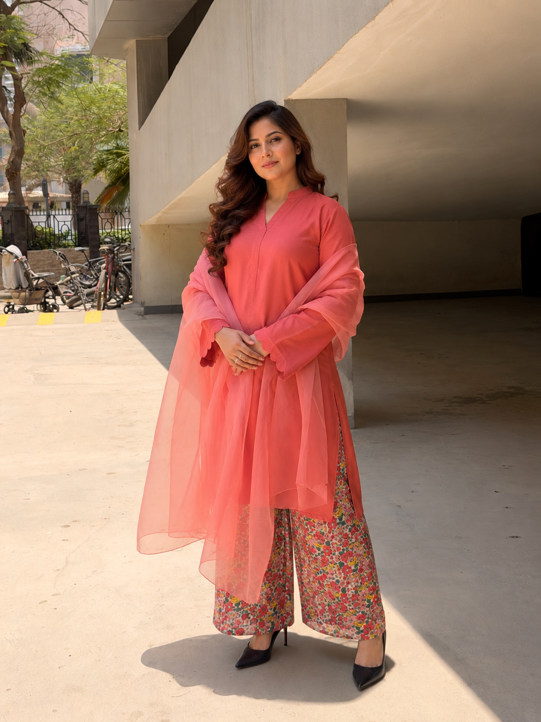 3-Piece Suit — Coral Rayon Cotton Kameez with Kangoora Sleeves, Floral Printed Cotton Straight Trouser & Organza Dupatta | ALBAB'S