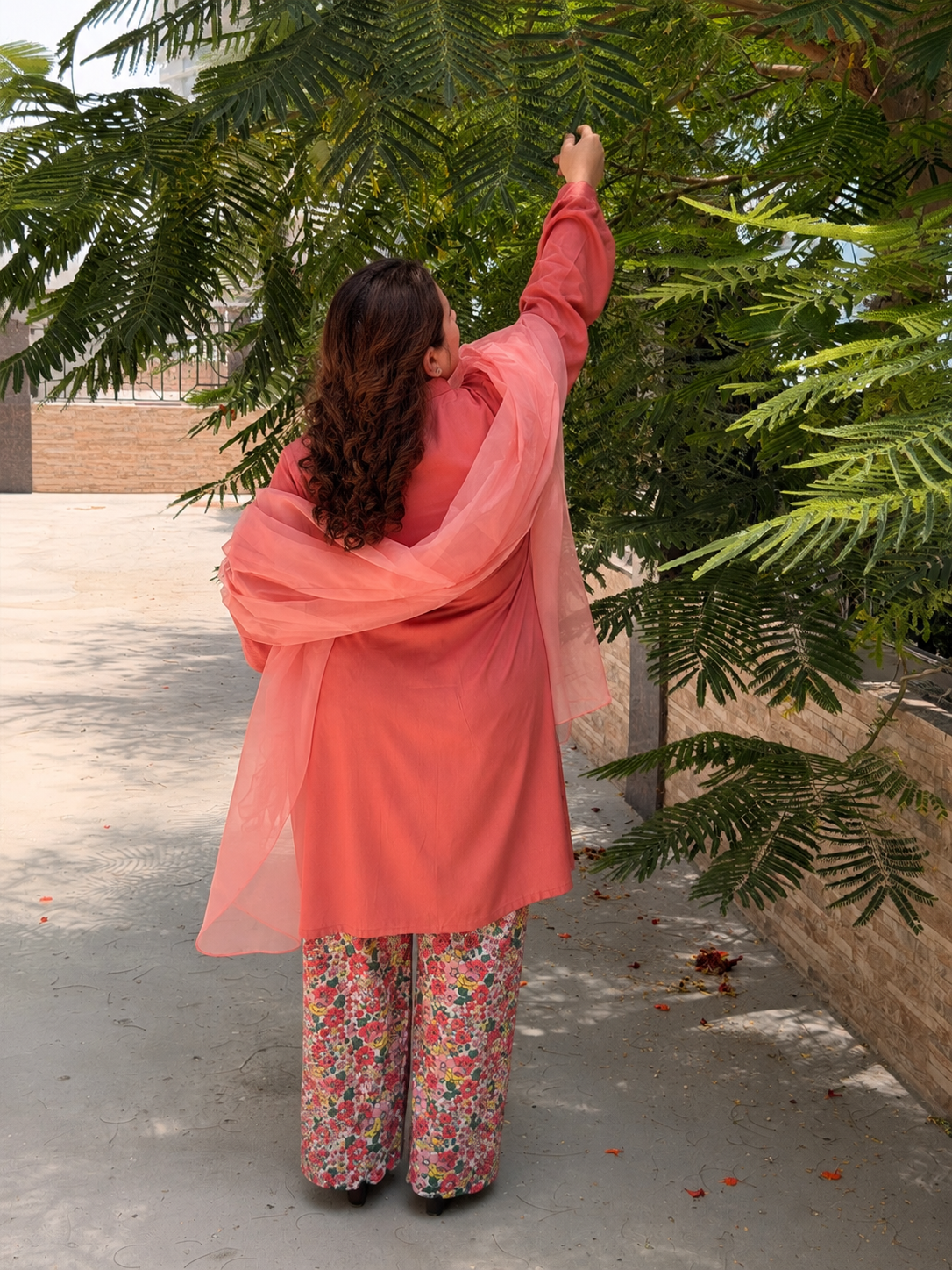 3-Piece Suit — Coral Rayon Cotton Kameez with Kangoora Sleeves, Floral Printed Cotton Straight Trouser & Organza Dupatta | ALBAB'S