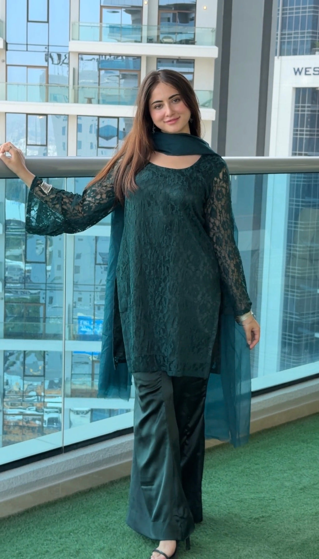 Bottle Green Noir 3-Piece Set — Floral Net Lace Kameez with Bell Sleeves, Satin Flared Trousers & Organza Dupatta | ALBAB'S