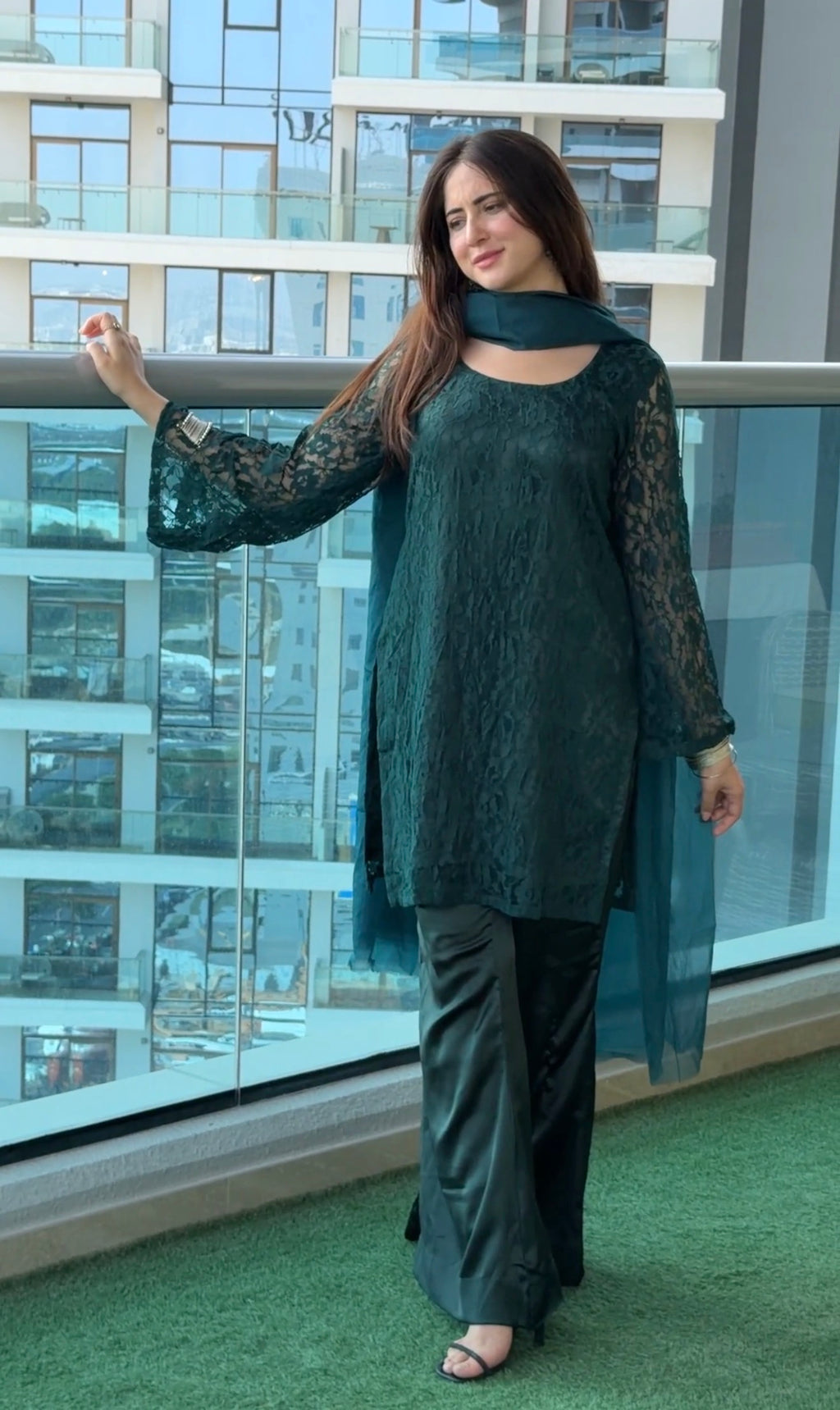 Bottle Green Noir 3-Piece Set — Floral Net Lace Kameez with Bell Sleeves, Satin Flared Trousers & Organza Dupatta | ALBAB'S