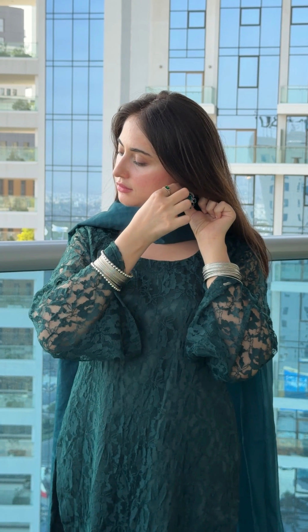 Bottle Green Noir 3-Piece Set — Floral Net Lace Kameez with Bell Sleeves, Satin Flared Trousers & Organza Dupatta | ALBAB'S
