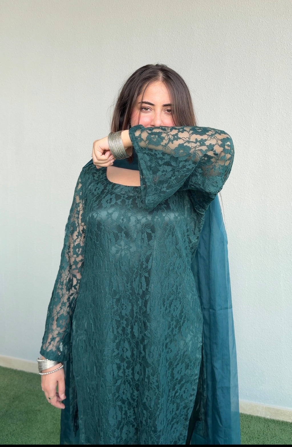 Bottle Green Noir 3-Piece Set — Floral Net Lace Kameez with Bell Sleeves, Satin Flared Trousers & Organza Dupatta | ALBAB'S