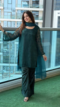 Bottle Green Noir 3-Piece Set — Floral Net Lace Kameez with Bell Sleeves, Satin Flared Trousers & Organza Dupatta | ALBAB'S