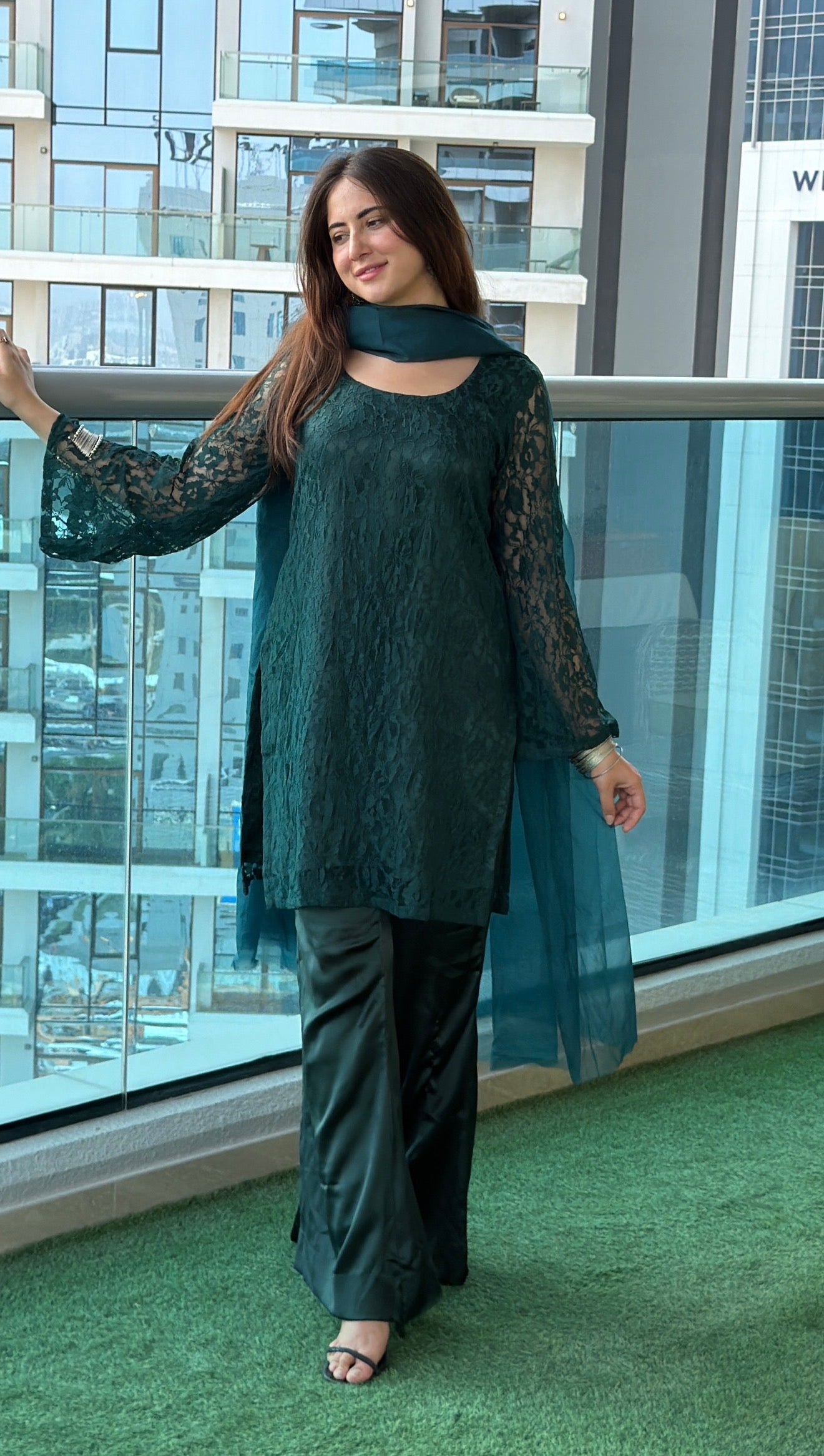 Bottle Green Noir 3-Piece Set — Floral Net Lace Kameez with Bell Sleeves, Satin Flared Trousers & Organza Dupatta | ALBAB'S