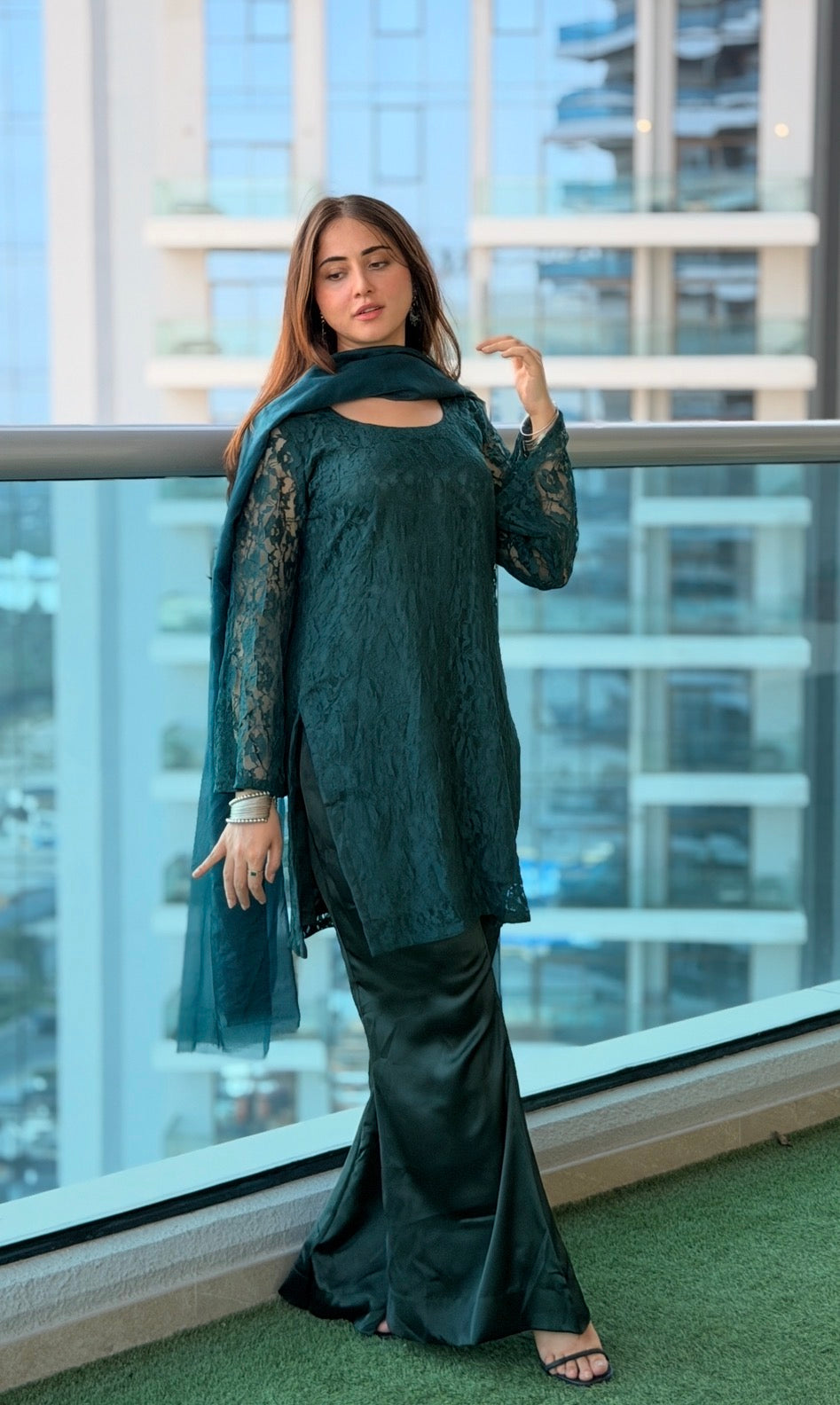 Bottle Green Noir 3-Piece Set — Floral Net Lace Kameez with Bell Sleeves, Satin Flared Trousers & Organza Dupatta | ALBAB'S