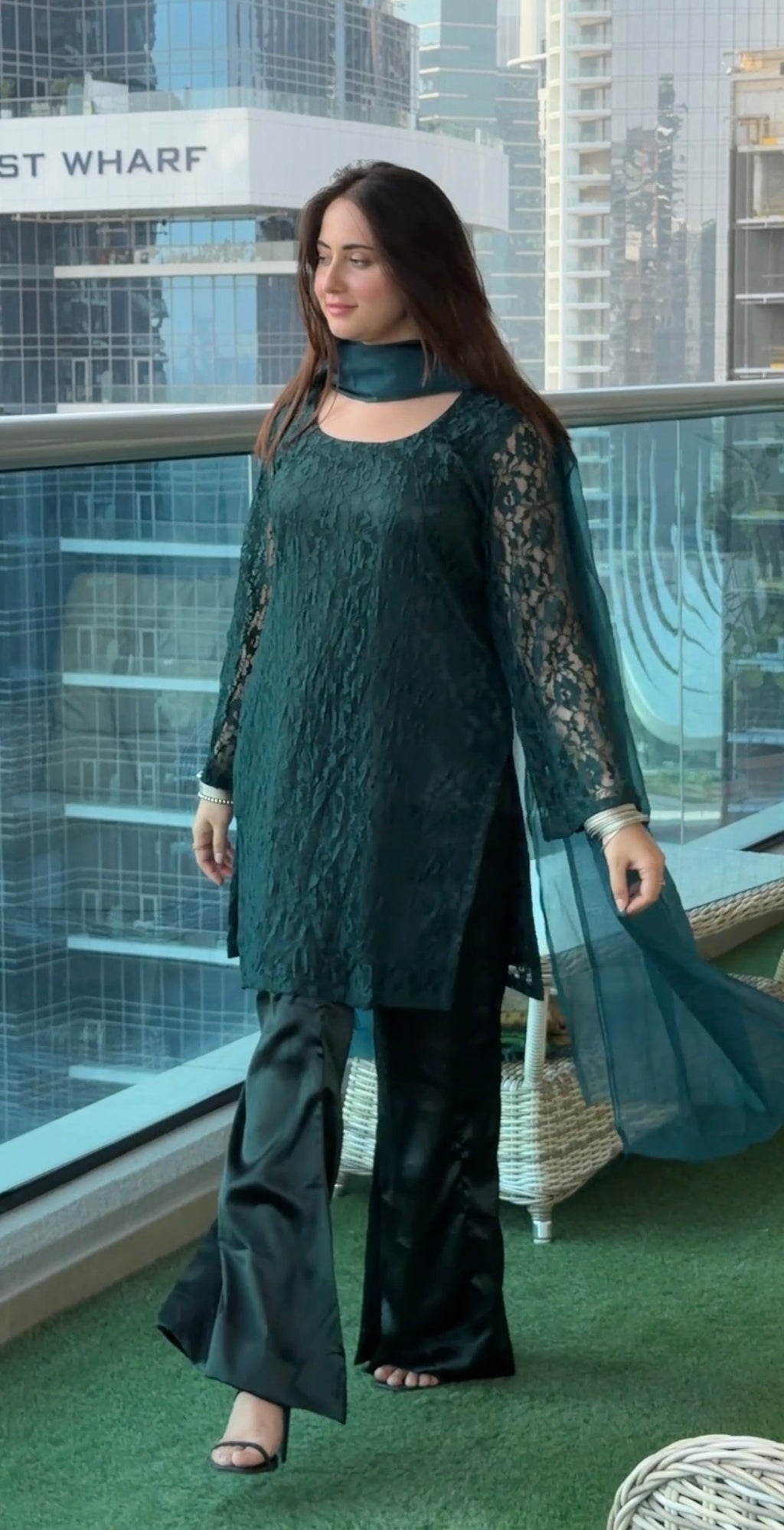 Bottle Green Noir 3-Piece Set — Floral Net Lace Kameez with Bell Sleeves, Satin Flared Trousers & Organza Dupatta | ALBAB'S