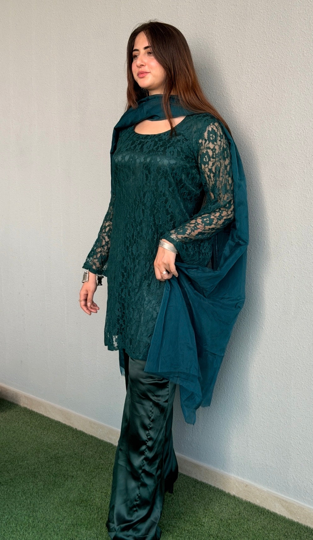 Bottle Green Noir 3-Piece Set — Floral Net Lace Kameez with Bell Sleeves, Satin Flared Trousers & Organza Dupatta | ALBAB'S
