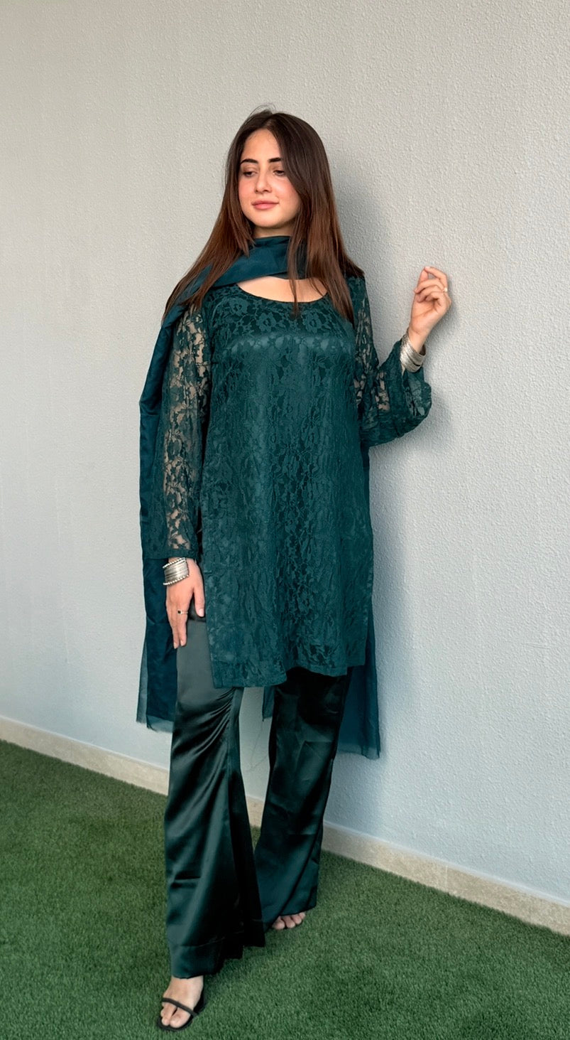 Bottle Green Noir 3-Piece Set — Floral Net Lace Kameez with Bell Sleeves, Satin Flared Trousers & Organza Dupatta | ALBAB'S