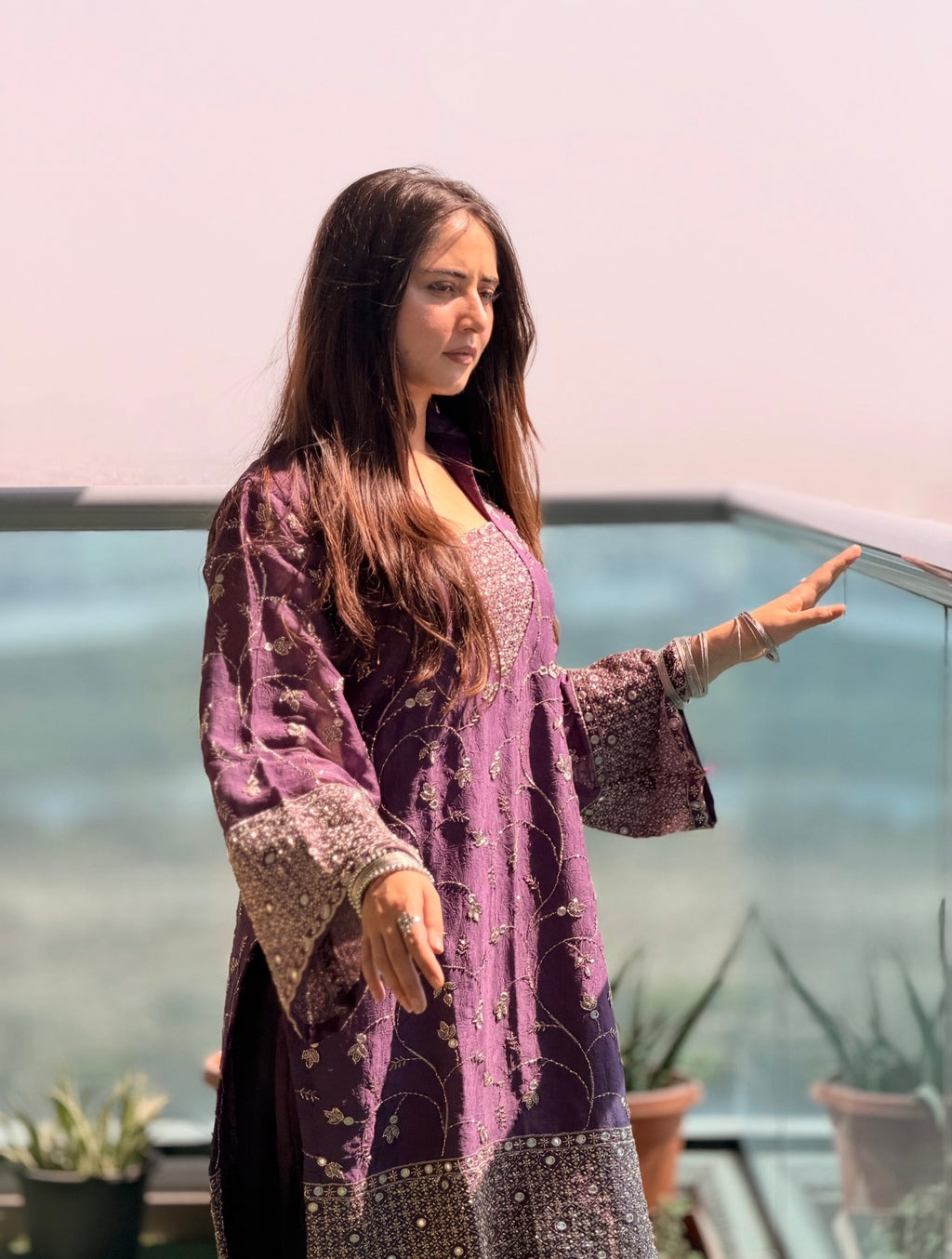 3-Piece Designer Set — Embroidered Kameez with Flared Sleeves, Satin Bell Bottom Trousers & Embroidered Dupatta | ALBAB'S