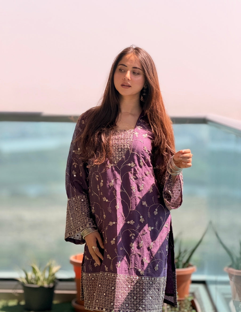 3-Piece Designer Set — Embroidered Kameez with Flared Sleeves, Satin Bell Bottom Trousers & Embroidered Dupatta | ALBAB'S
