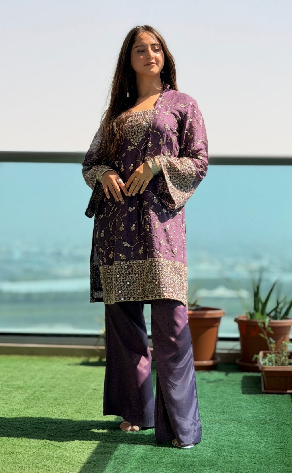 3-Piece Designer Set — Embroidered Kameez with Flared Sleeves, Satin Bell Bottom Trousers & Embroidered Dupatta | ALBAB'S