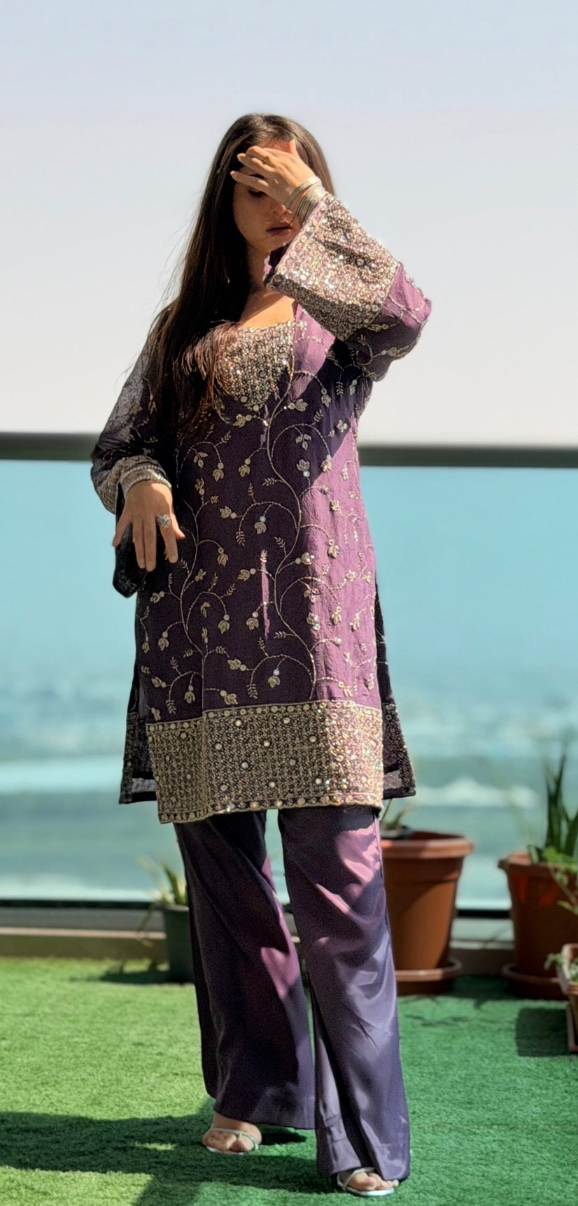3-Piece Designer Set — Embroidered Kameez with Flared Sleeves, Satin Bell Bottom Trousers & Embroidered Dupatta | ALBAB'S