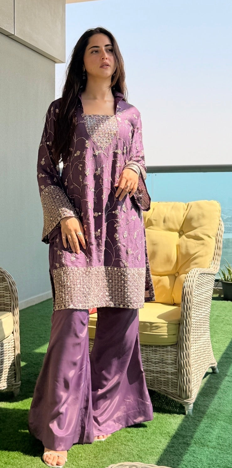 3-Piece Designer Set — Embroidered Kameez with Flared Sleeves, Satin Bell Bottom Trousers & Embroidered Dupatta | ALBAB'S