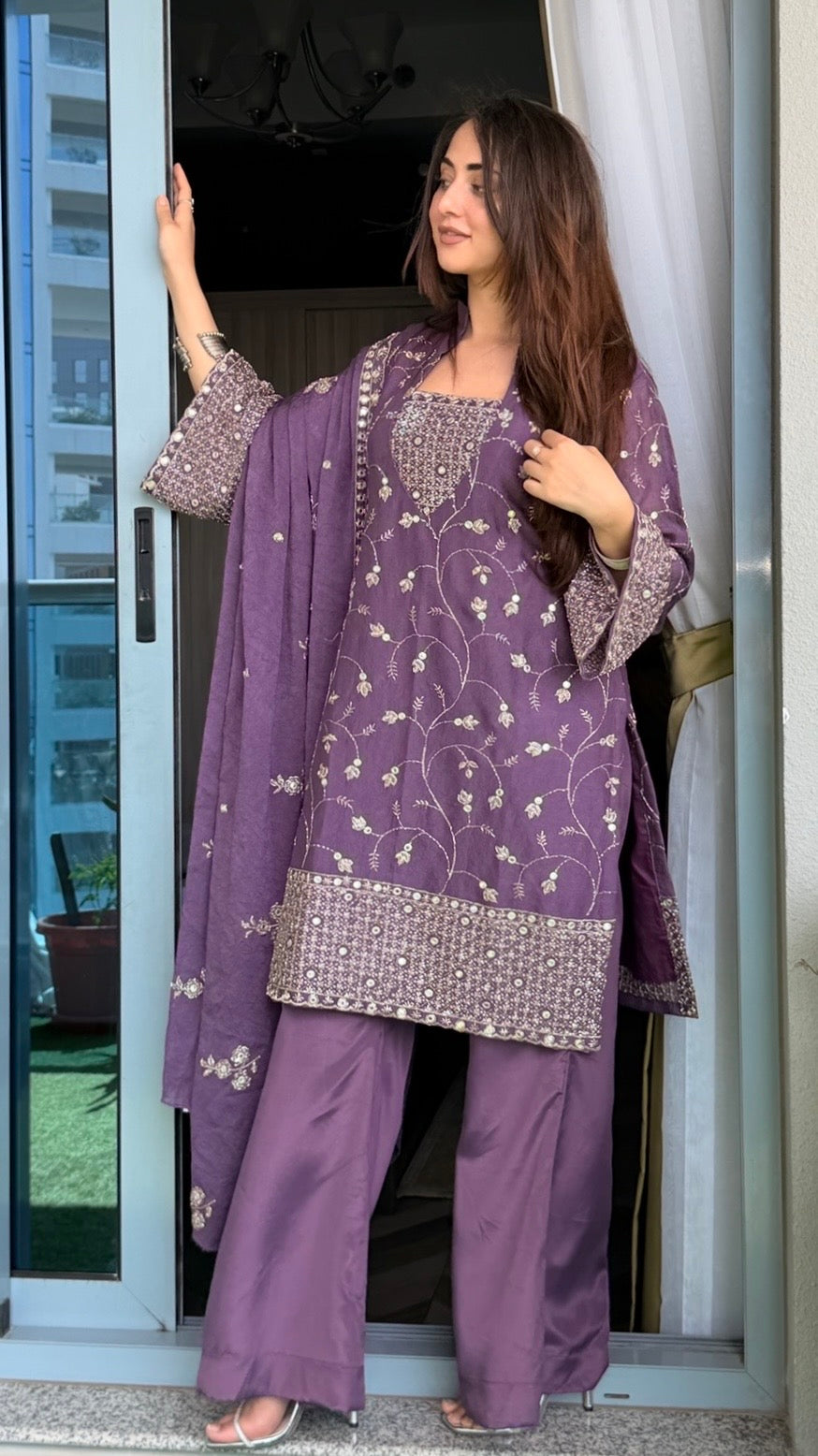 3-Piece Designer Set — Embroidered Kameez with Flared Sleeves, Satin Bell Bottom Trousers & Embroidered Dupatta | ALBAB'S