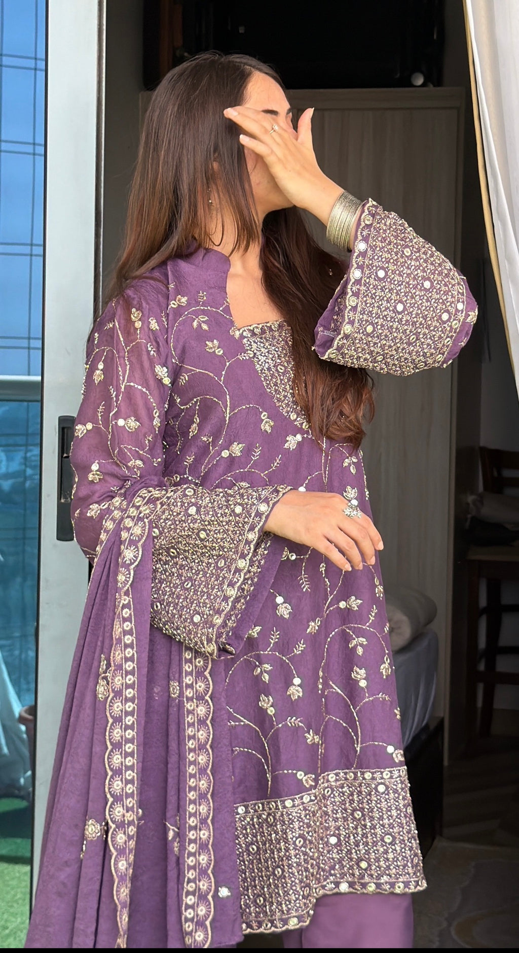 3-Piece Designer Set — Embroidered Kameez with Flared Sleeves, Satin Bell Bottom Trousers & Embroidered Dupatta | ALBAB'S
