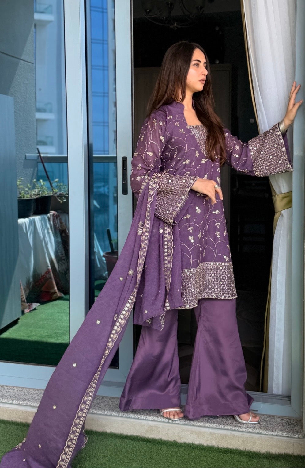 3-Piece Designer Set — Embroidered Kameez with Flared Sleeves, Satin Bell Bottom Trousers & Embroidered Dupatta | ALBAB'S