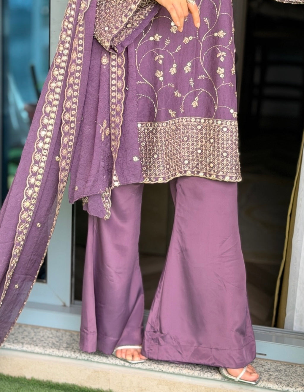 3-Piece Designer Set — Embroidered Kameez with Flared Sleeves, Satin Bell Bottom Trousers & Embroidered Dupatta | ALBAB'S